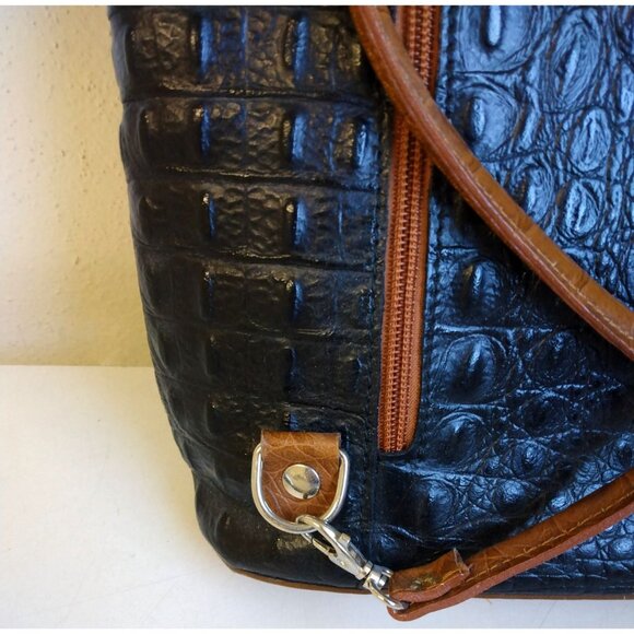 Vera Pelle Convertible Croc Embossed Leather Backpack Bag Purse in Black and Tan main image 6